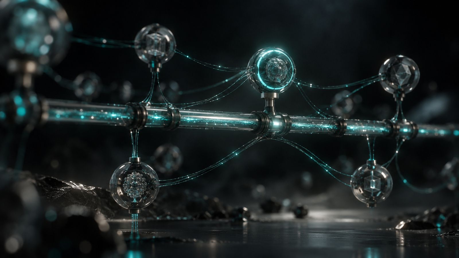Abstract render of a glowing teal event bus with glass agent nodes attached above and below it, one node ringed as an approval gate