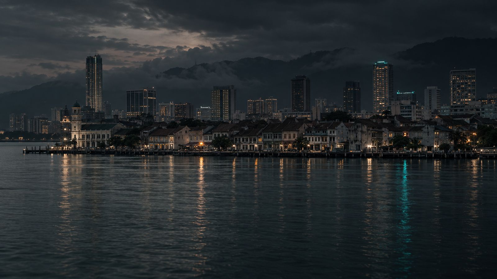 George Town, Penang at dusk seen from across the water, heritage shophouses along the waterfront with towers behind