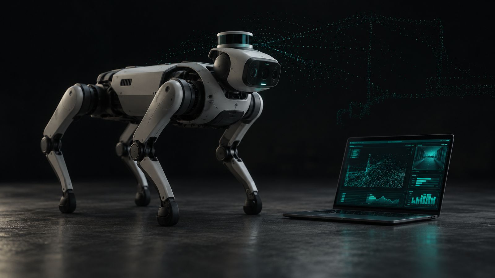 Quadruped robot beside a laptop running the butler-connect control dashboard, with a lidar point cloud rendered in the air