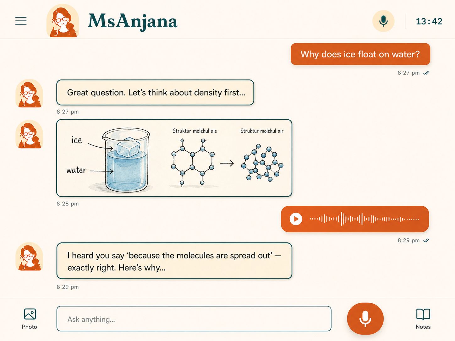 MsAnjana tutor prototype: a student asks why ice floats on water and receives a step-by-step explanation with a generated diagram and a voice reply