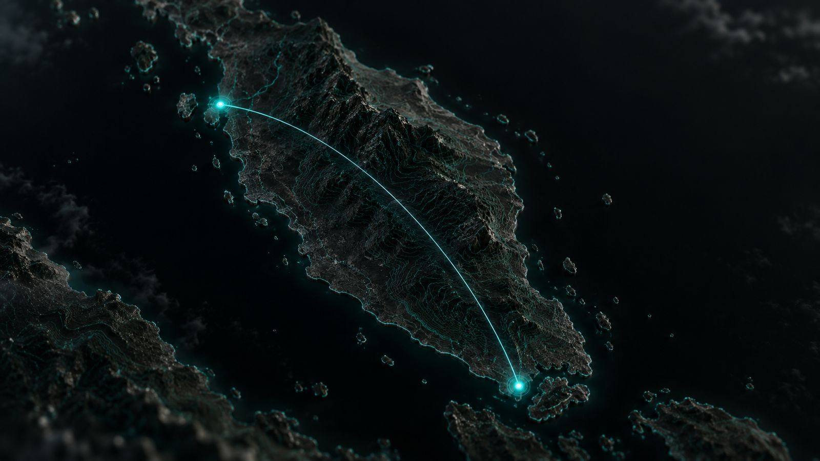 Dark relief map of Peninsular Malaysia with a glowing route arcing from Penang in the north-west to Singapore in the south